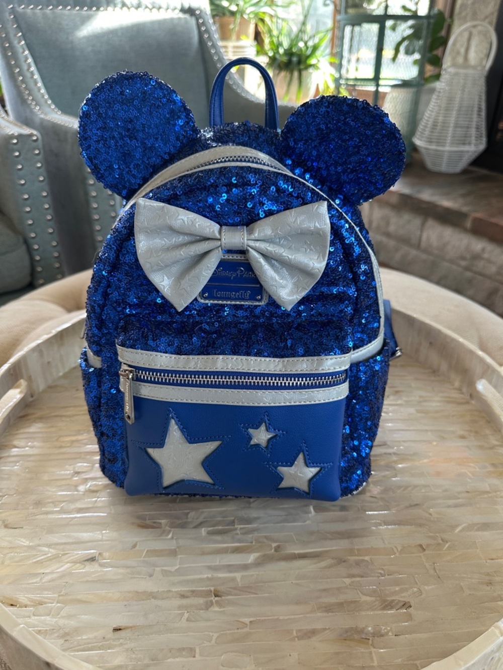 Loungefly Blue Sequin Minnie Ear Mini Backpack with Silver Bow & Stars